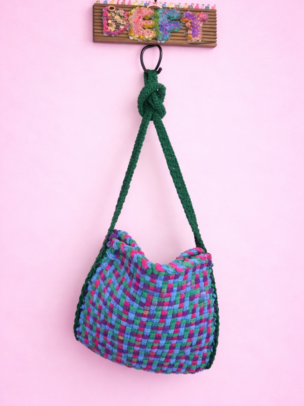 Handwoven Shoulder Bag in Green, Blue & Pink